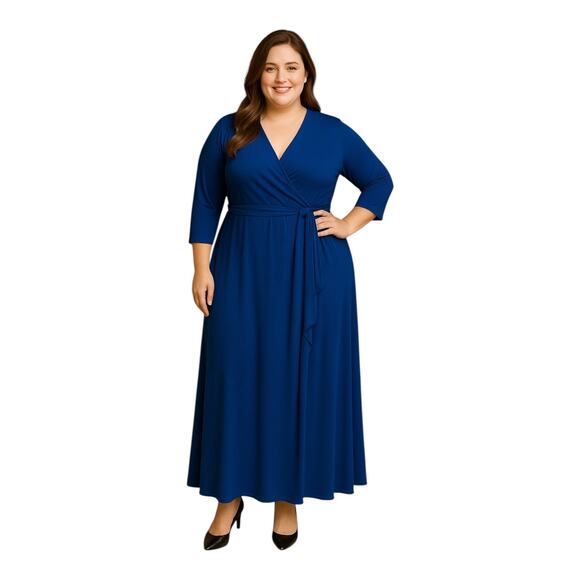 Janette Plus Size 1X Royal Blue Long Sleeve Jersey Knit Dress - Picture 7 of 8